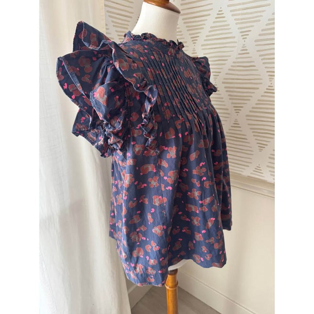 Oliphant Women’s Large Navy Pink Pintuck Ruffle Sleeve Top Blouse - Picture 8 of 9